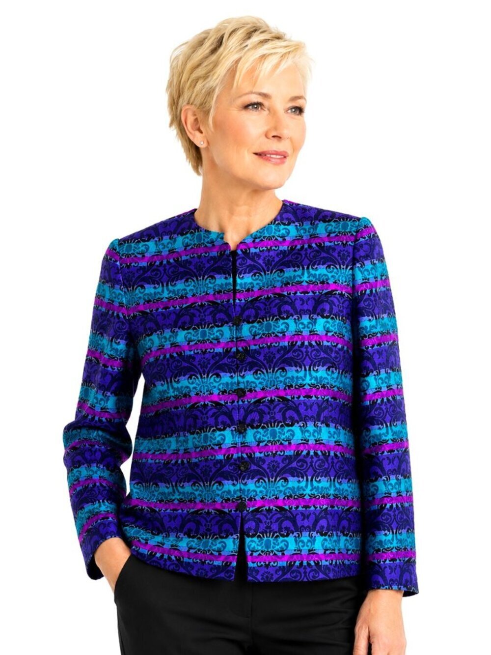 Adrianna Papell Magenta Teal Purple Jacquard Silk Jacket